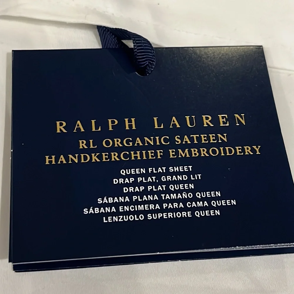 Ralph Lauren Organic Sateen Handkerchief Embroidery Queen Flat Sheet white new